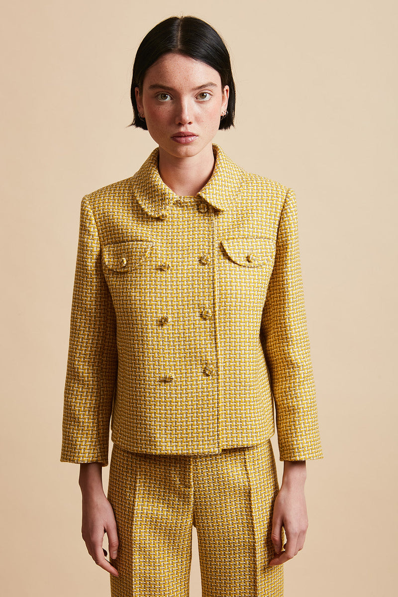Short fitted jacket in three-tone tweed from mohair and wool face - Yellow