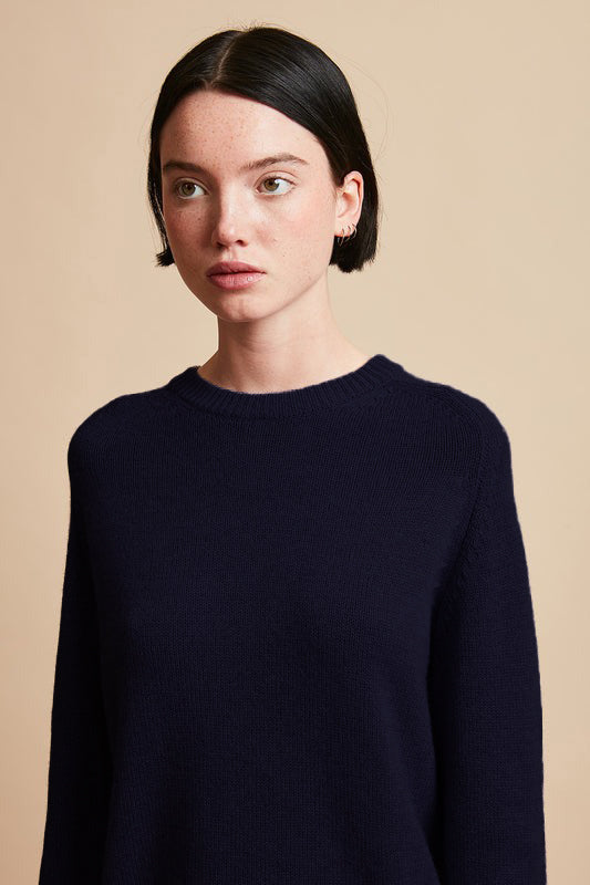 Wool and cashmere knit sweater, round neck - Navy