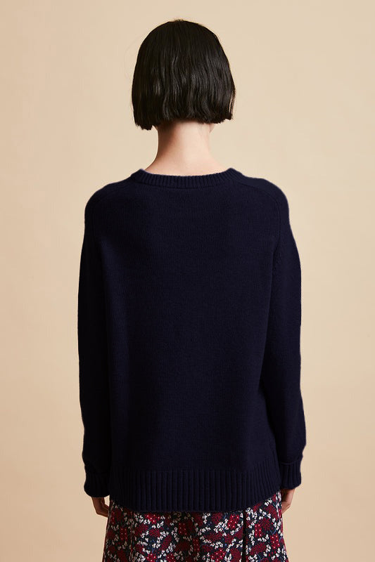 Wool and cashmere knit sweater with round back collar - Navy