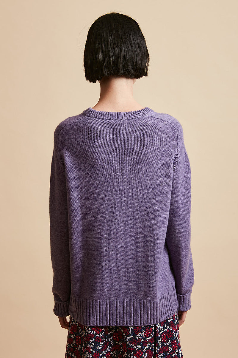 Wool and cashmere knit sweater, round back - Violet