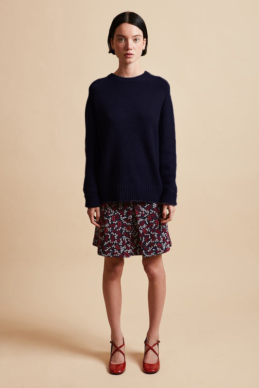 Wool and cashmere knit sweater, full round neck - Navy