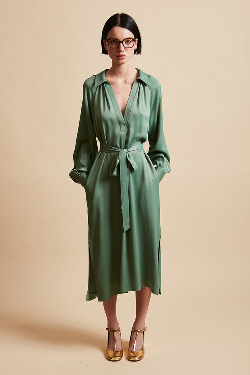 Midi-length polo dress in crepe with satin backing - Green