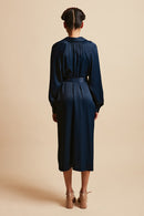 Midi-length polo dress in crepe with satin back - Navy