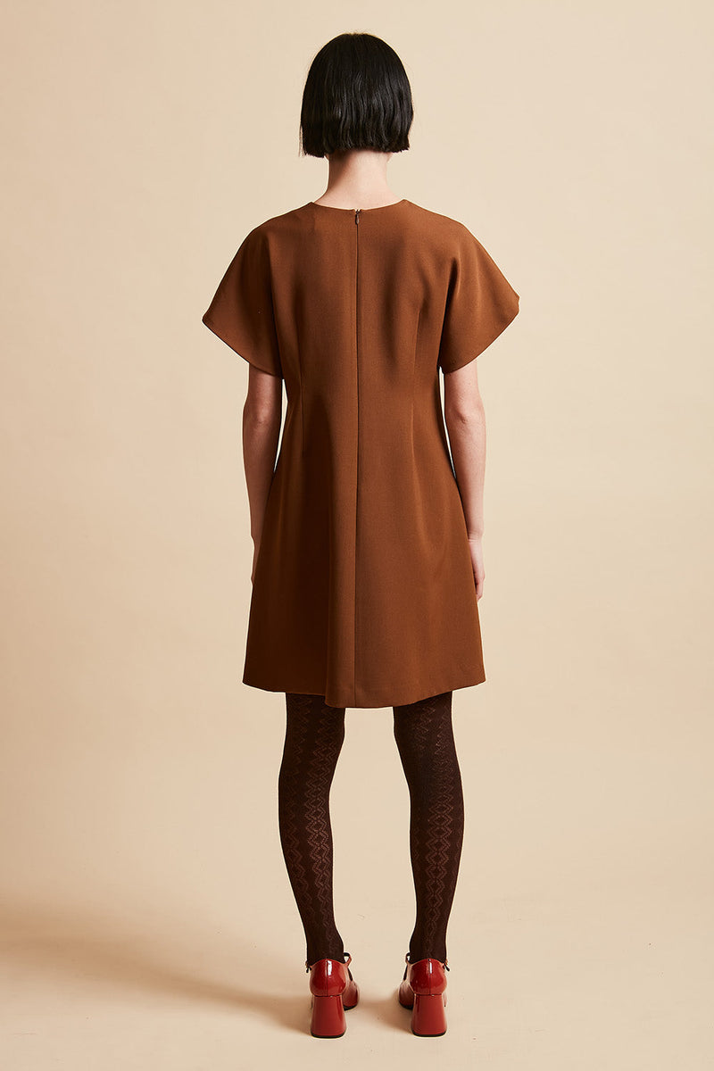 Short flared dress in tropical virgin wool back - Brown