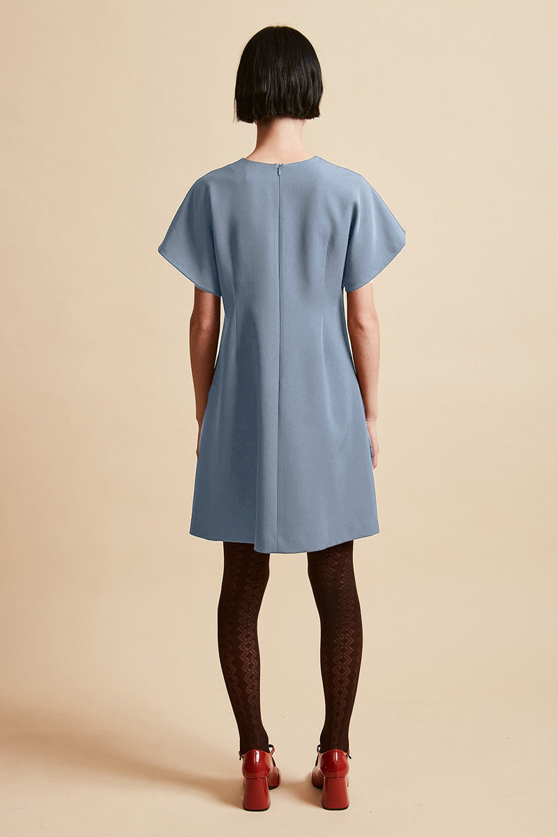 Short flared dress in tropical virgin wool back - Blue