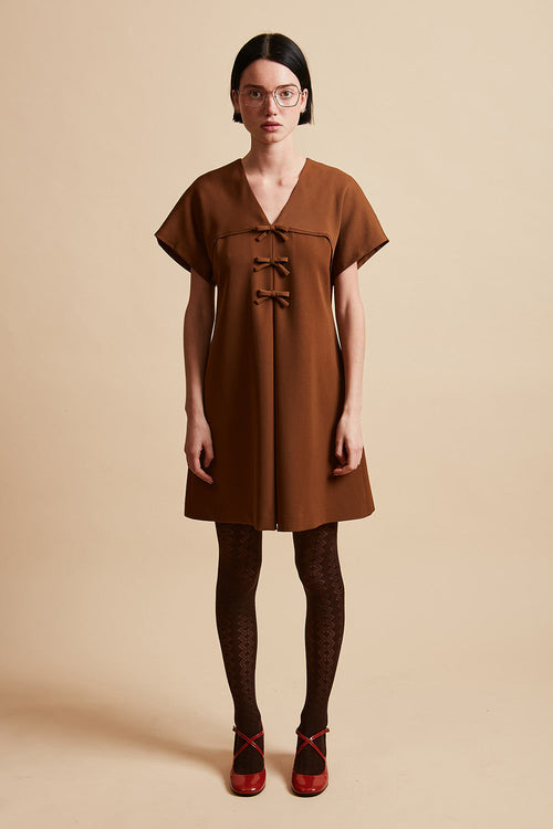 Short flared dress in tropical virgin wool - Brown
