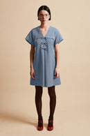 Short flared dress in tropical virgin wool - Blue