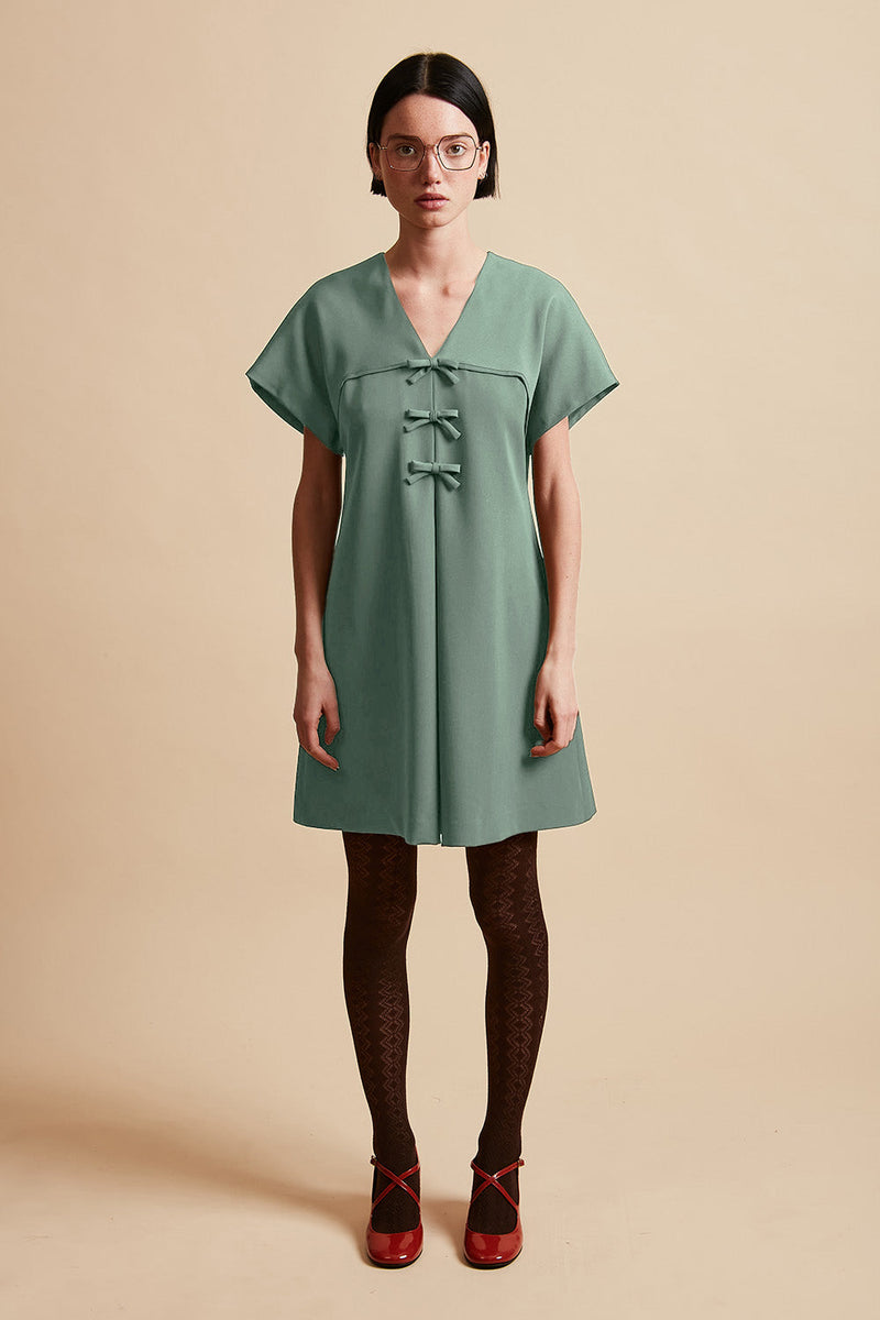 Short flared dress in tropical virgin wool - Green