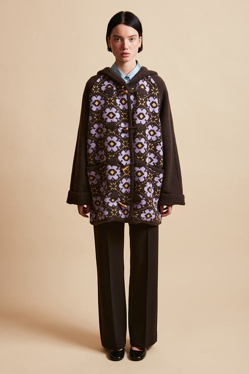 Jacquard Knit All Over Duffle Coat With Floral Pattern