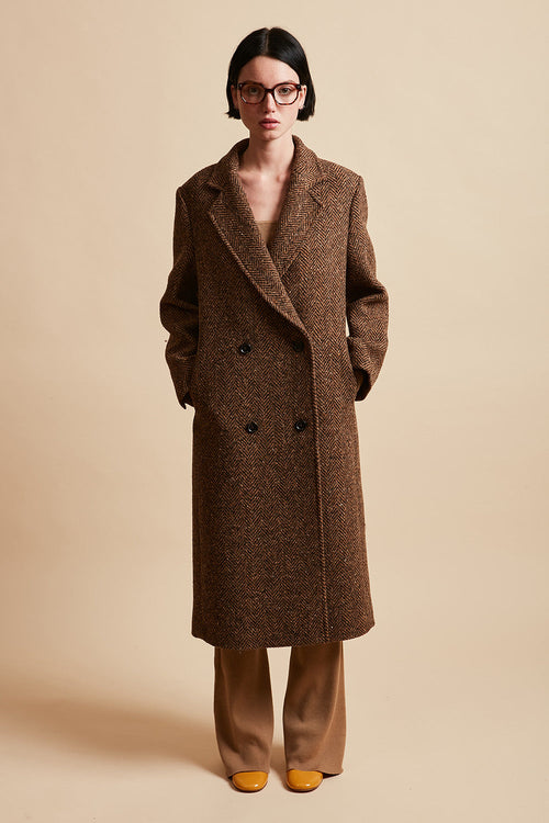 Long Chevron Tweed Wool Coat