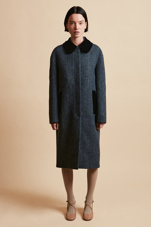Long Shetland Harris Tweed Wool Chevron Coat