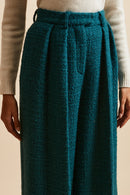 Pantalón de talle alto y pernera ancha en tweed de lana con detalle de lúrex - Azul pato