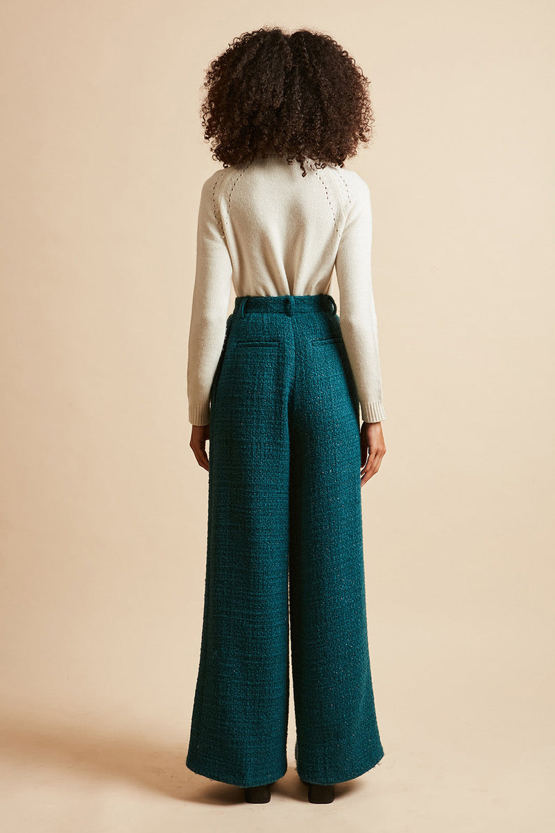 High-waisted wool tweed pants with lurex back - Duck Blue