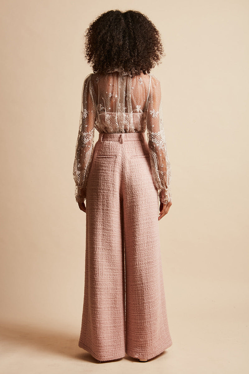 High-waisted wool tweed pants with lurex back - Pink