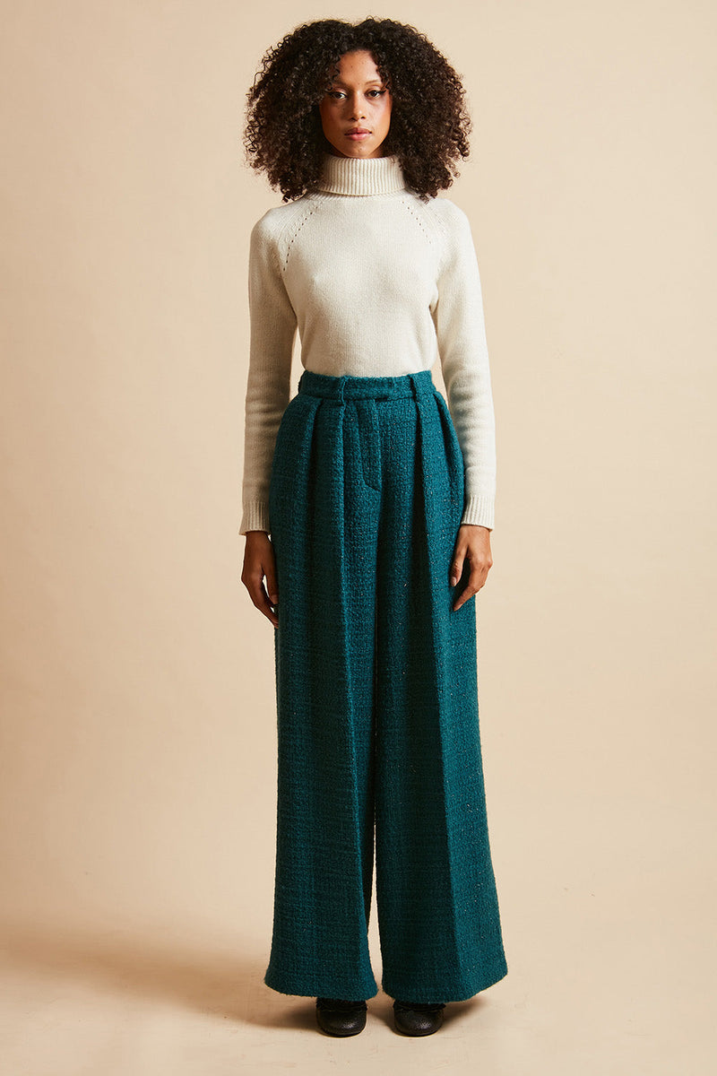 High-waisted wide-leg pants in lurex wool tweed - Duck Blue