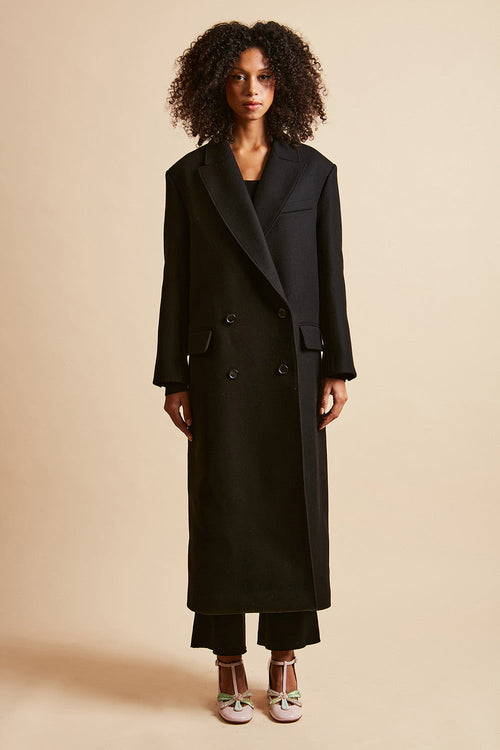 Long flared coat in wool-cashmere caban fabric woven in Italy full length - Black