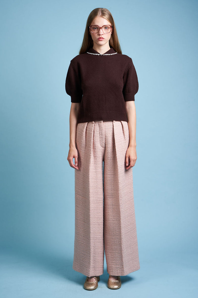 Short-sleeved wool and cashmere knit top - Chocolate