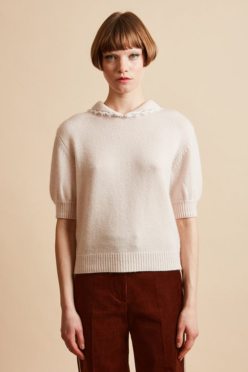 Short-sleeved wool and cashmere knit top - Pale Pink
