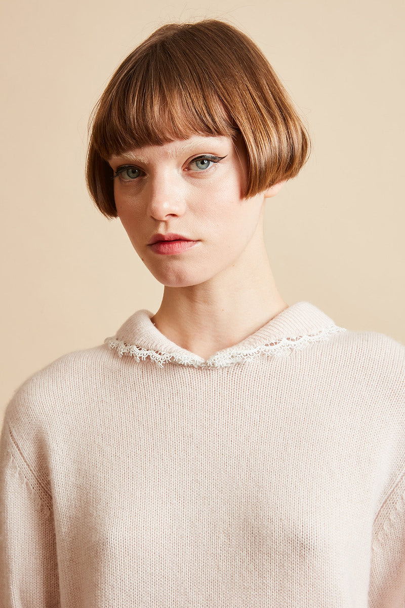 Short-sleeved top in wool and cashmere knit detail - Pale Pink