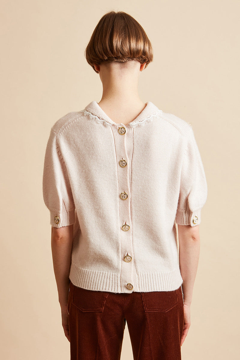 Short-sleeved wool and cashmere knit top with bis detail back - Pale Pink