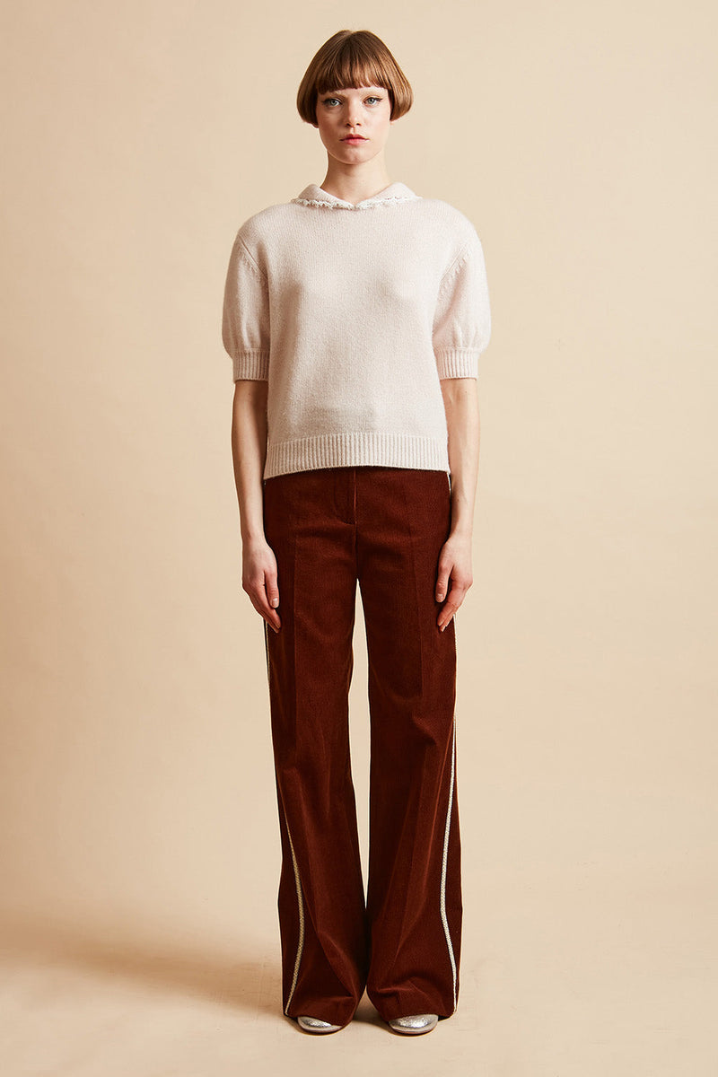 Short-sleeved wool-cashmere knit top - Pale Pink