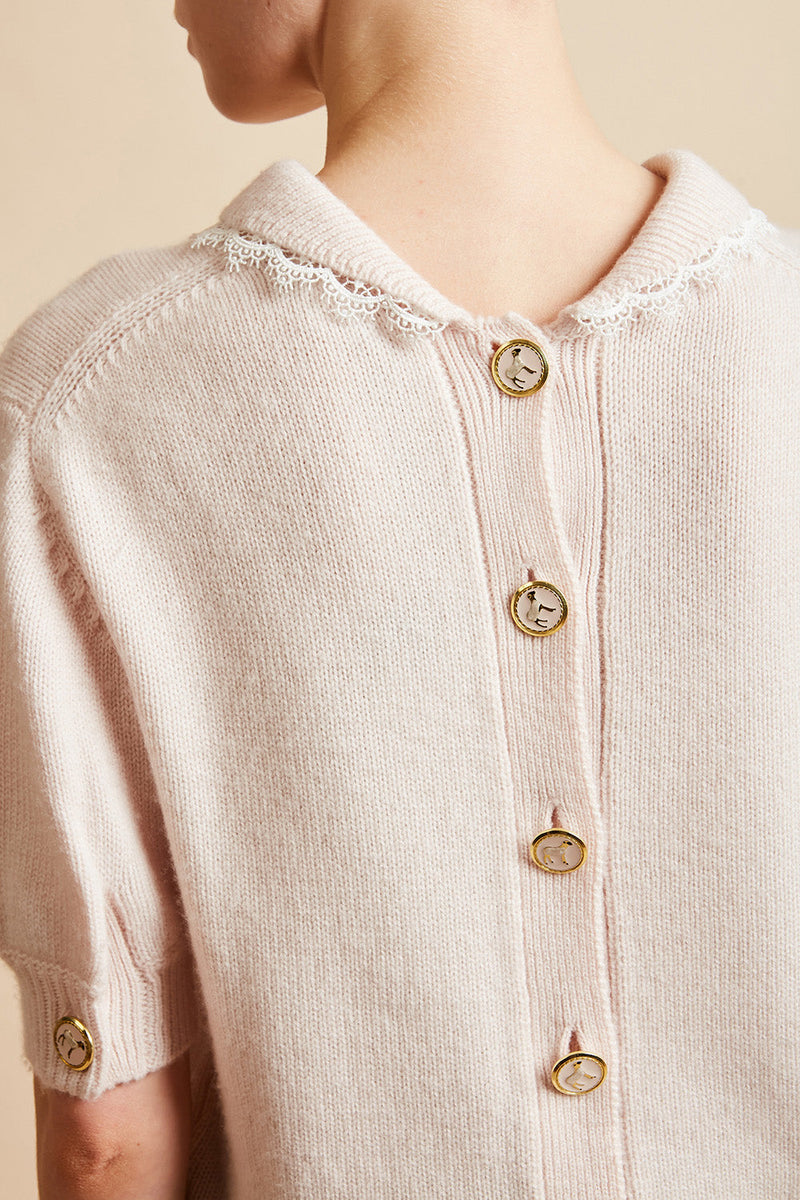 Top de punto de lana y cachemira de manga corta con detalle en la espalda - Rosa palo