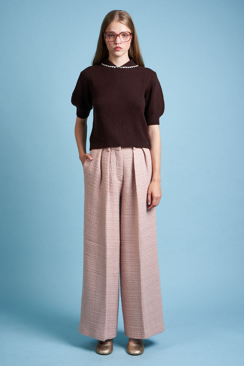 Short-sleeved top in wool knit and cashmere - Chocolate