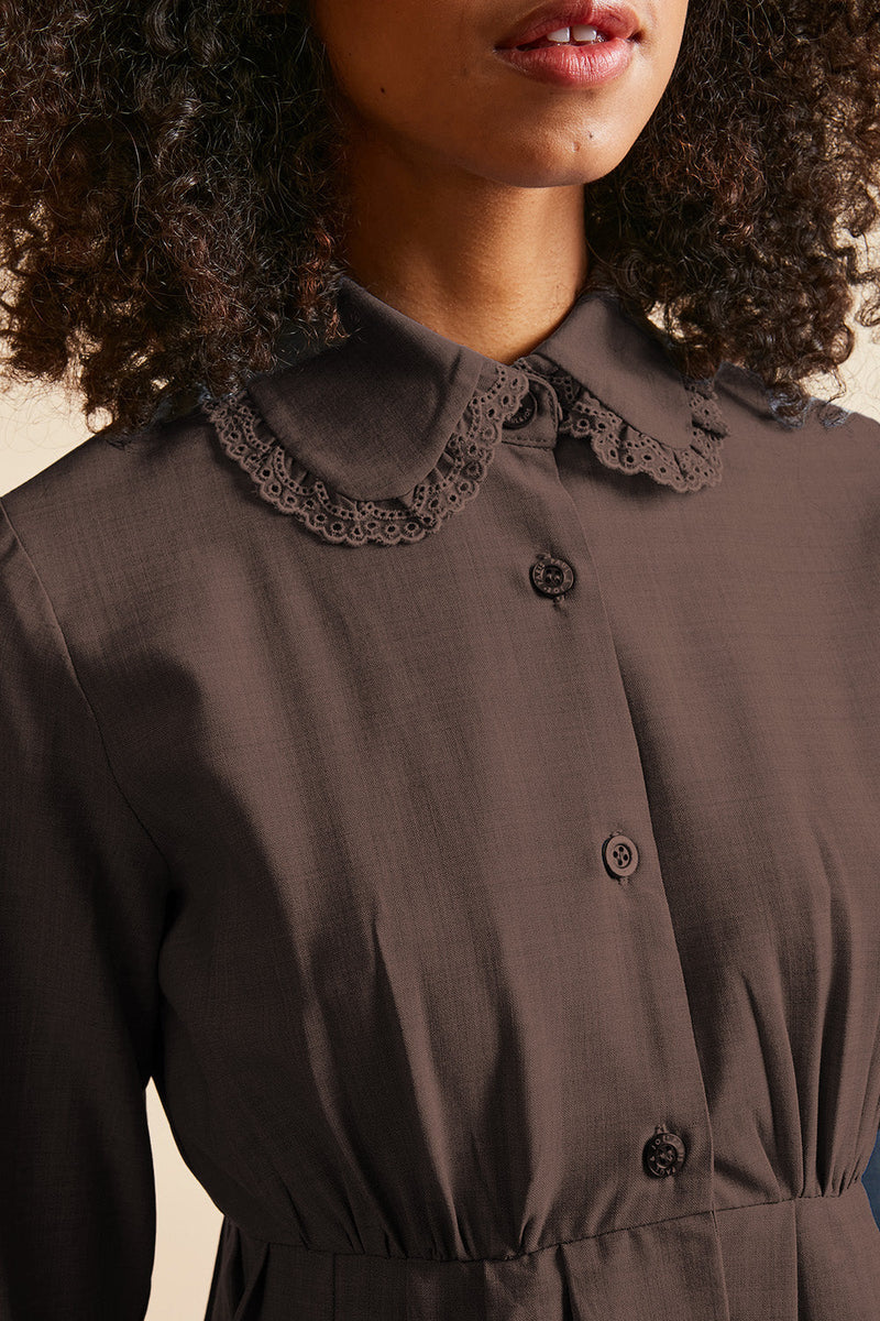 Short blouse dress in tropical virgin wool detail - Brown