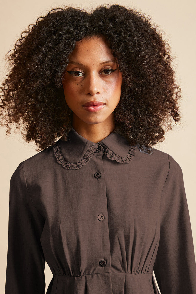 Tropical virgin wool short blouse front dress - Brown