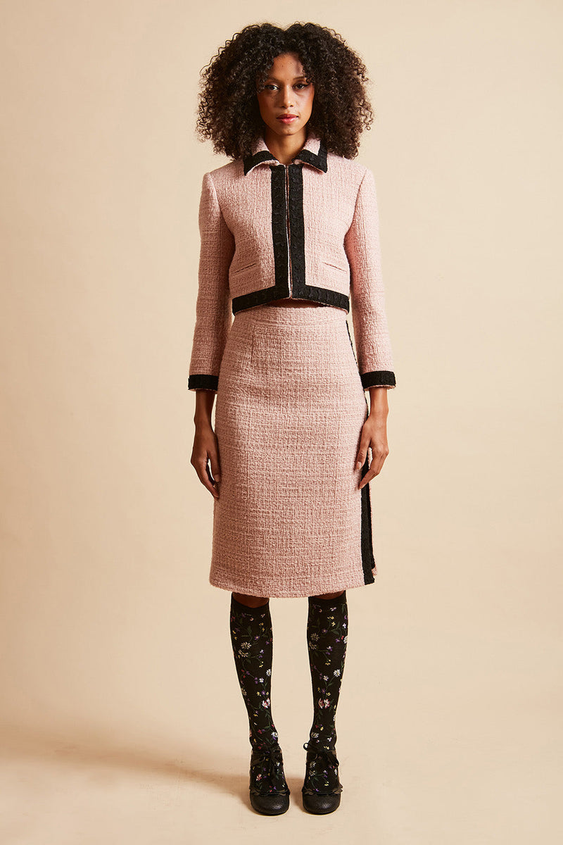 Fitted short jacket in lurex wool tweed - Pink