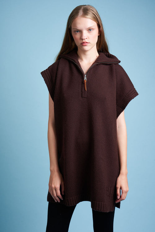Cape in coarse knit wool and cashmere face - Chocolate