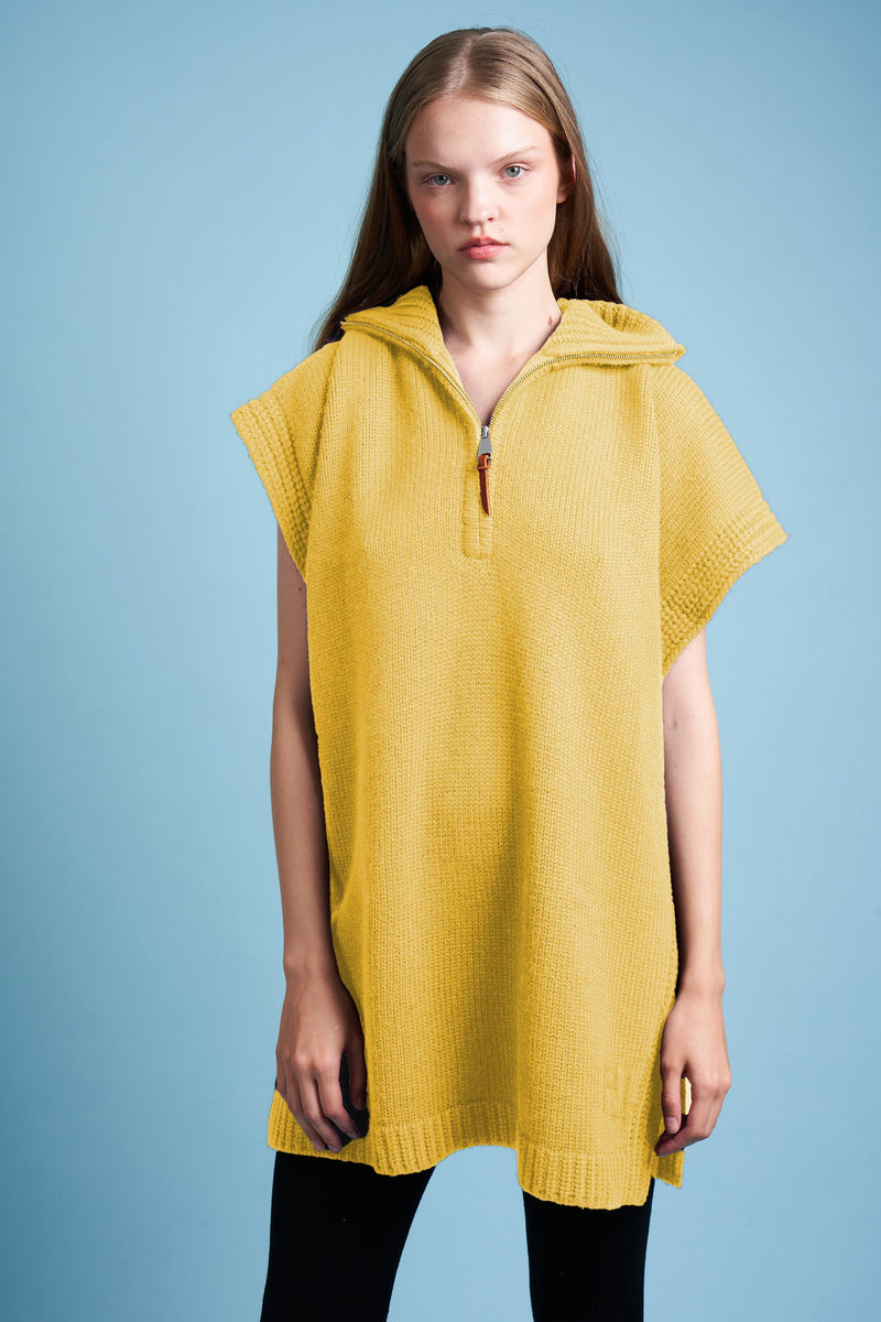 Cape in coarse knit wool and cashmere face - Yellow