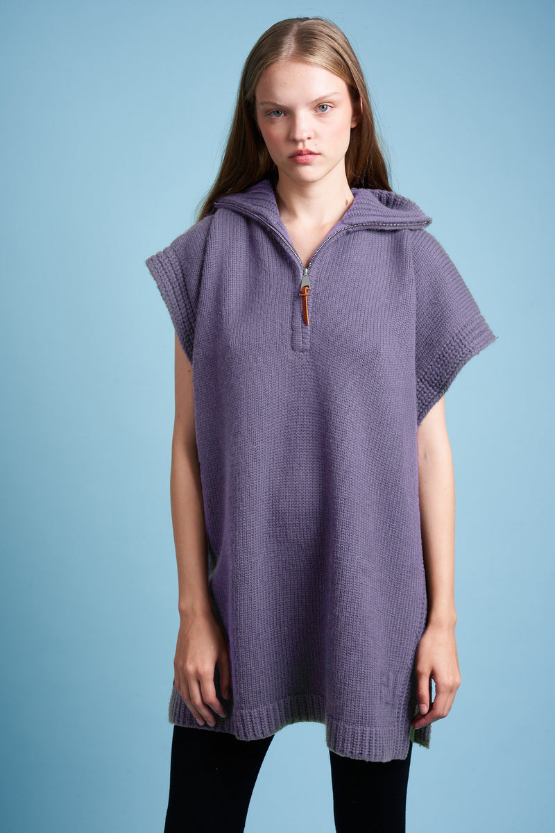 Cape in coarse knit wool and cashmere face - Violet