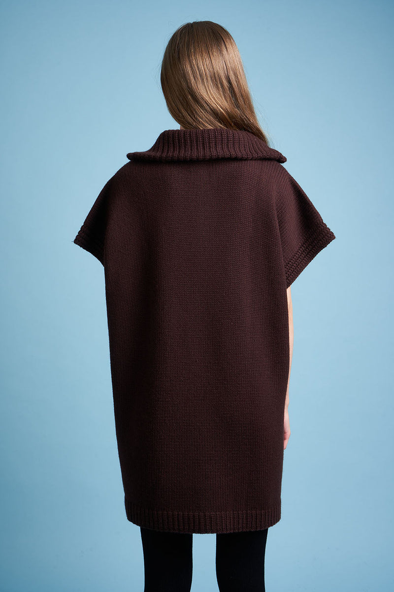 Cape in coarse wool knit and cashmere back - Chocolate