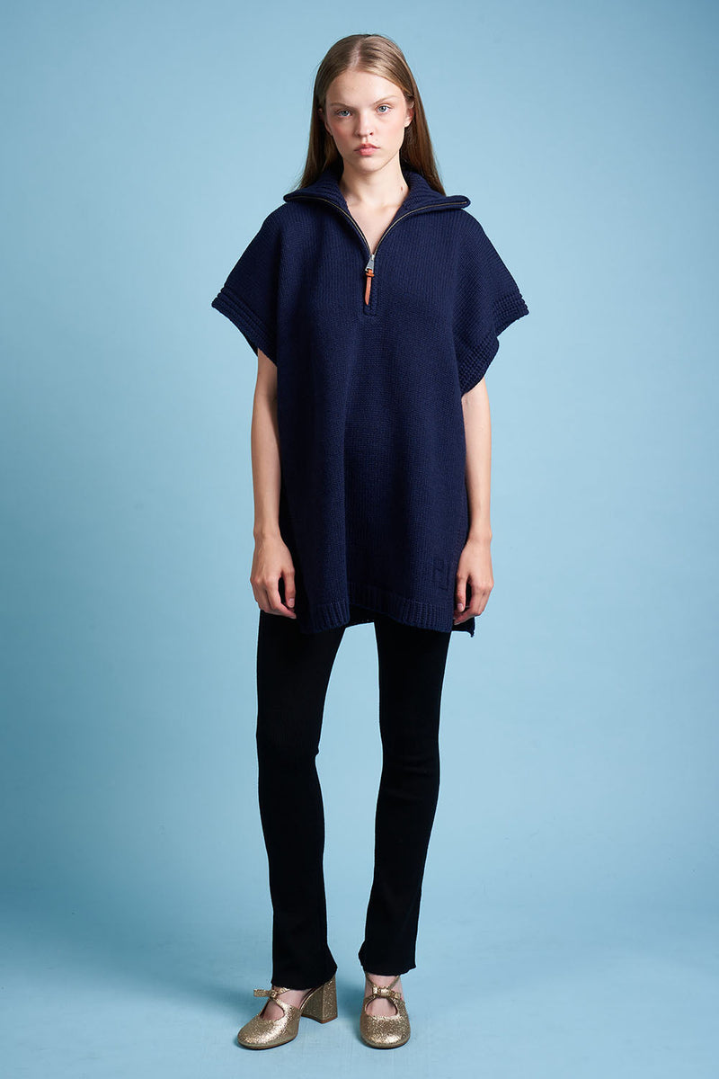 Full length wool and cashmere knit cape - Navy