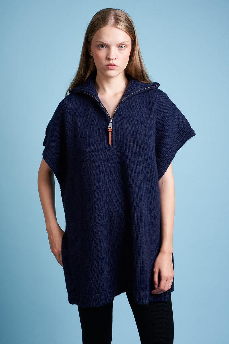 Cape in coarse knit wool and cashmere face - Navy