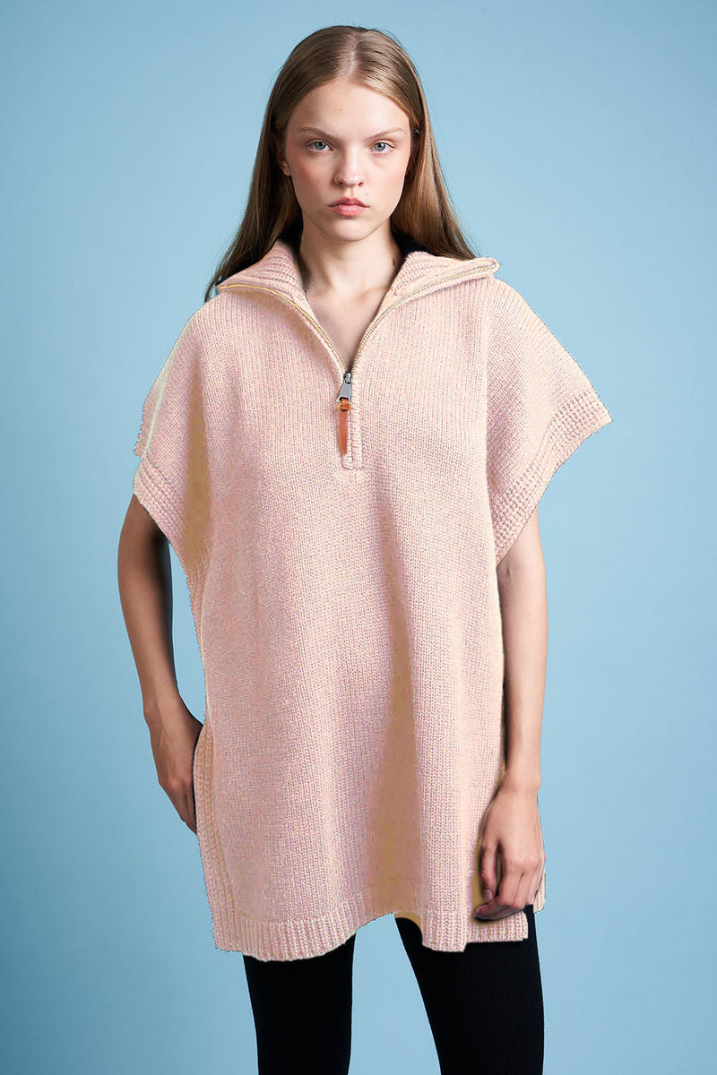 Cape in coarse knit wool and cashmere face - Pale pink