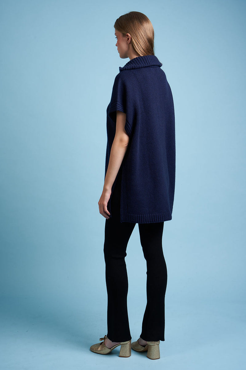 Cape in coarse wool knit and cashmere back - Navy