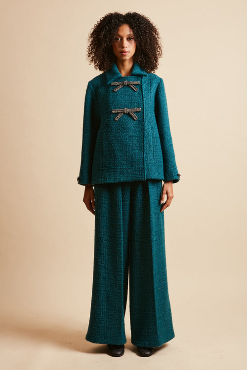 Pantalón de talle alto y pernera ancha en tweed de lana de lúrex en un total look - Azul pato