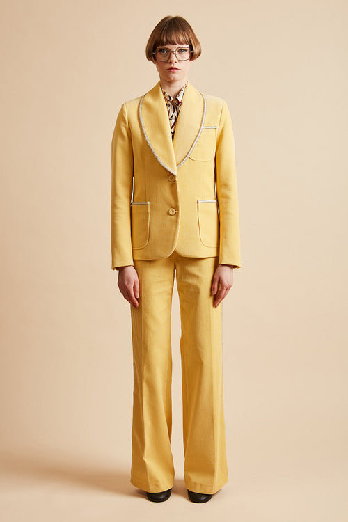 Pantalón recto de terciopelo con bandas de piedras bordadas - Total look - Amarillo