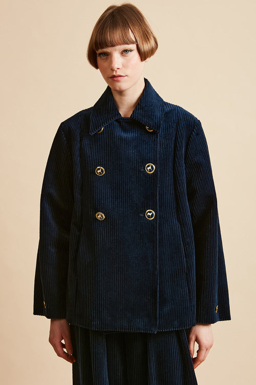 Cotton corduroy cape-style coat with wide portrait stripes - navy