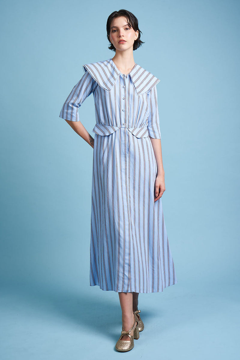Full length striped midi blouse dress - Blue