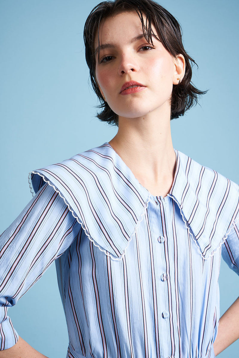 Striped midi-length blouse dress face bis - Blue