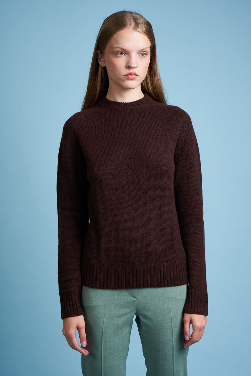 Wool and cashmere knit sweater with round neck - Chocolate
