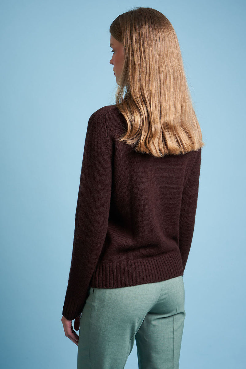 Wool and cashmere knit sweater with round back collar - Chocolate