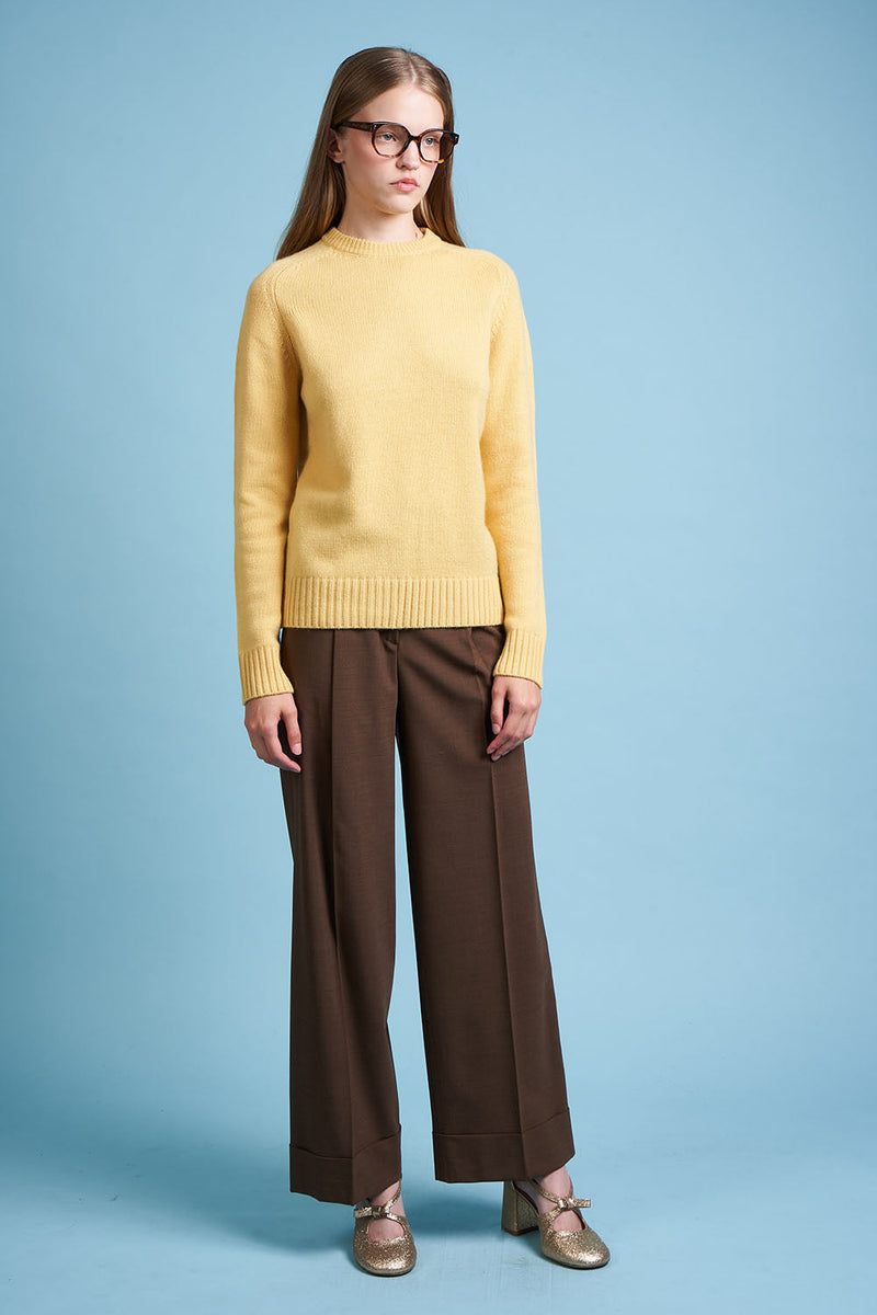 Wool and cashmere knit sweater, full round neck - Yellow