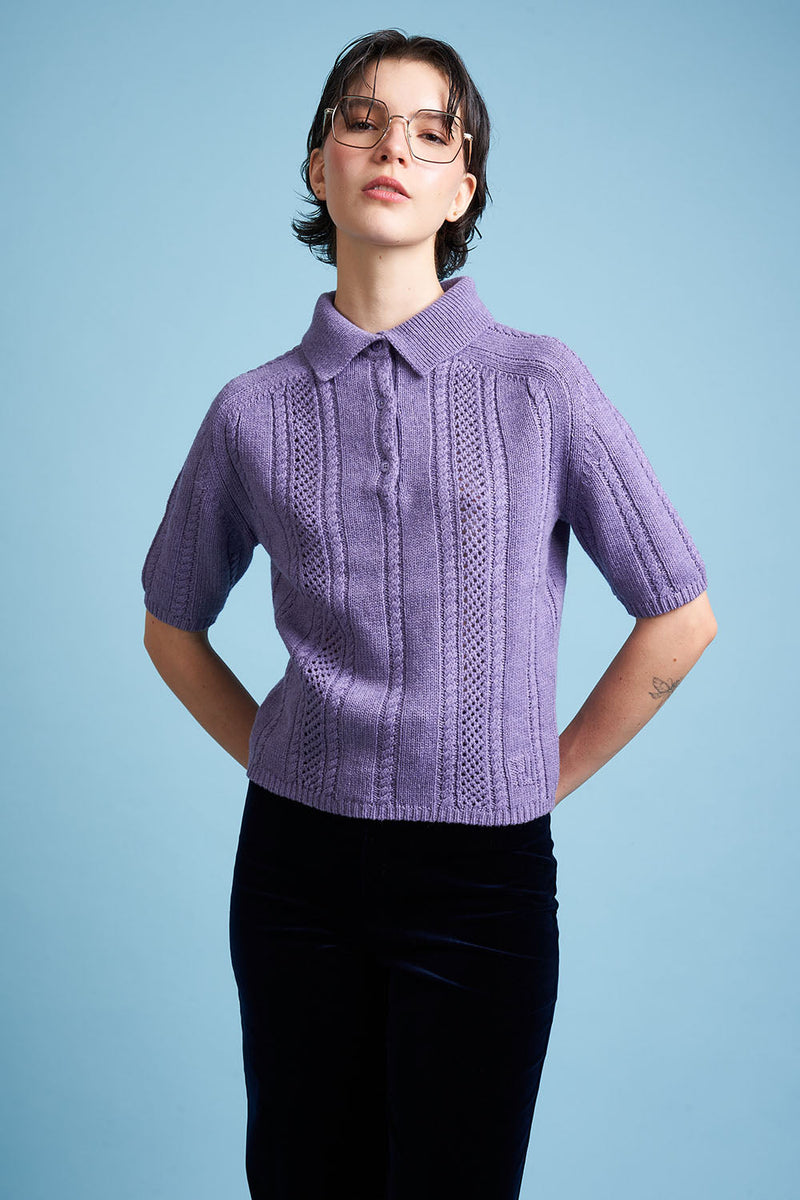 Polo shirt in wool knit and cashmere face - Violet