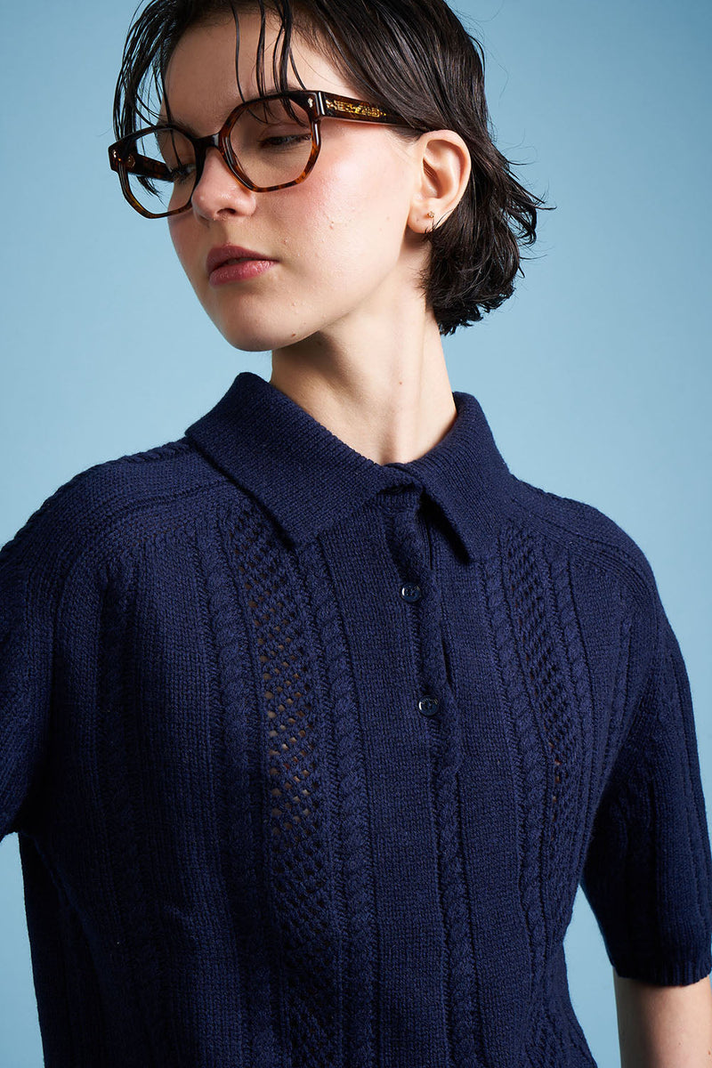 Polo shirt in wool knit and cashmere face - Navy