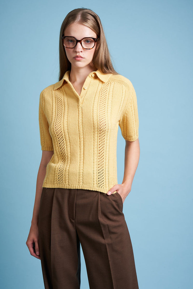 Polo shirt in wool knit and cashmere face - Yellow