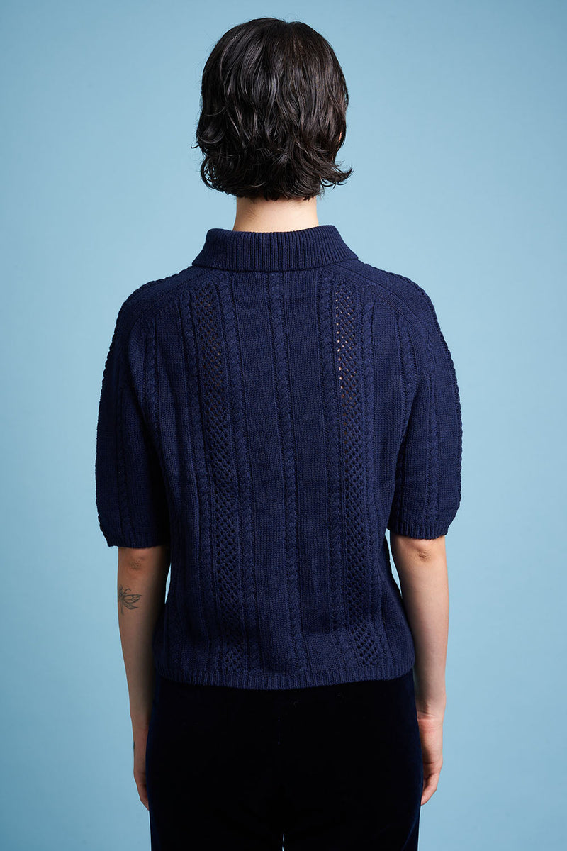 Polo shirt in wool knit and cashmere back - Navy